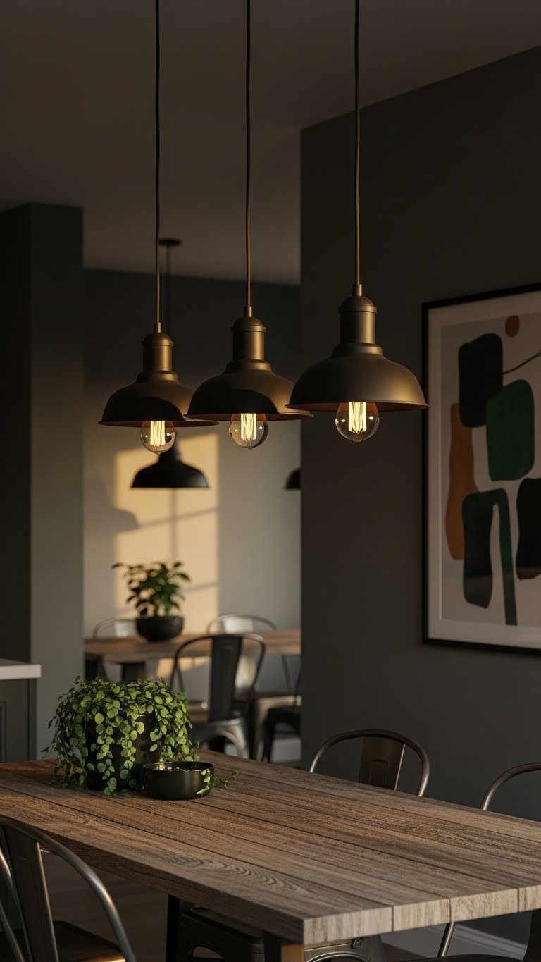 Rustic Modern Kitchen: 9 Ultimate Ideas To Transform Your Home 11 Matte black pendant lights with Edison bulbs above rustic wooden dining table in industrial kitchen design