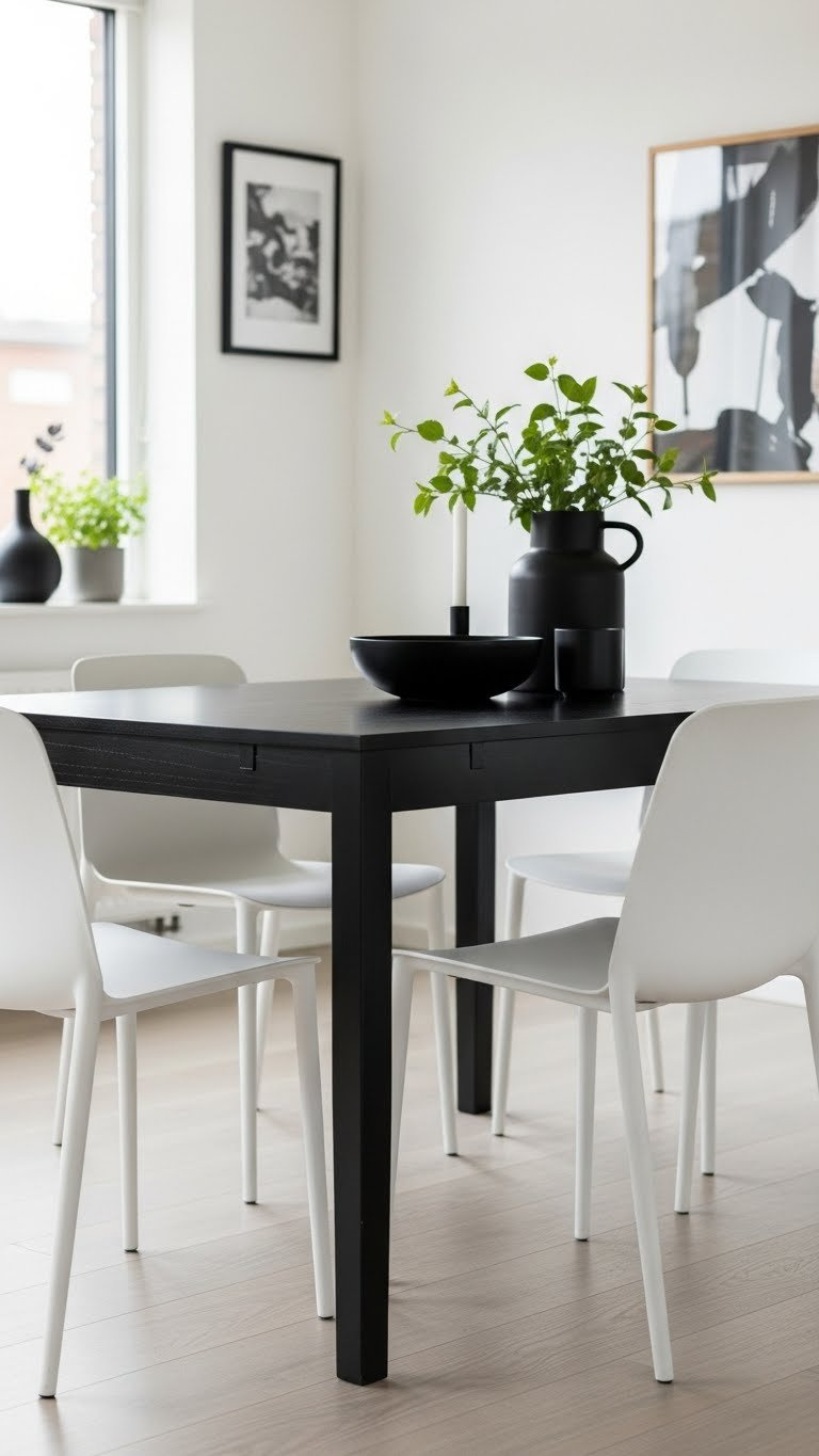 Matte black scandi dining table with white minimalist chairs creating striking contrast in contemporary kitchen with black ceramic bowl.