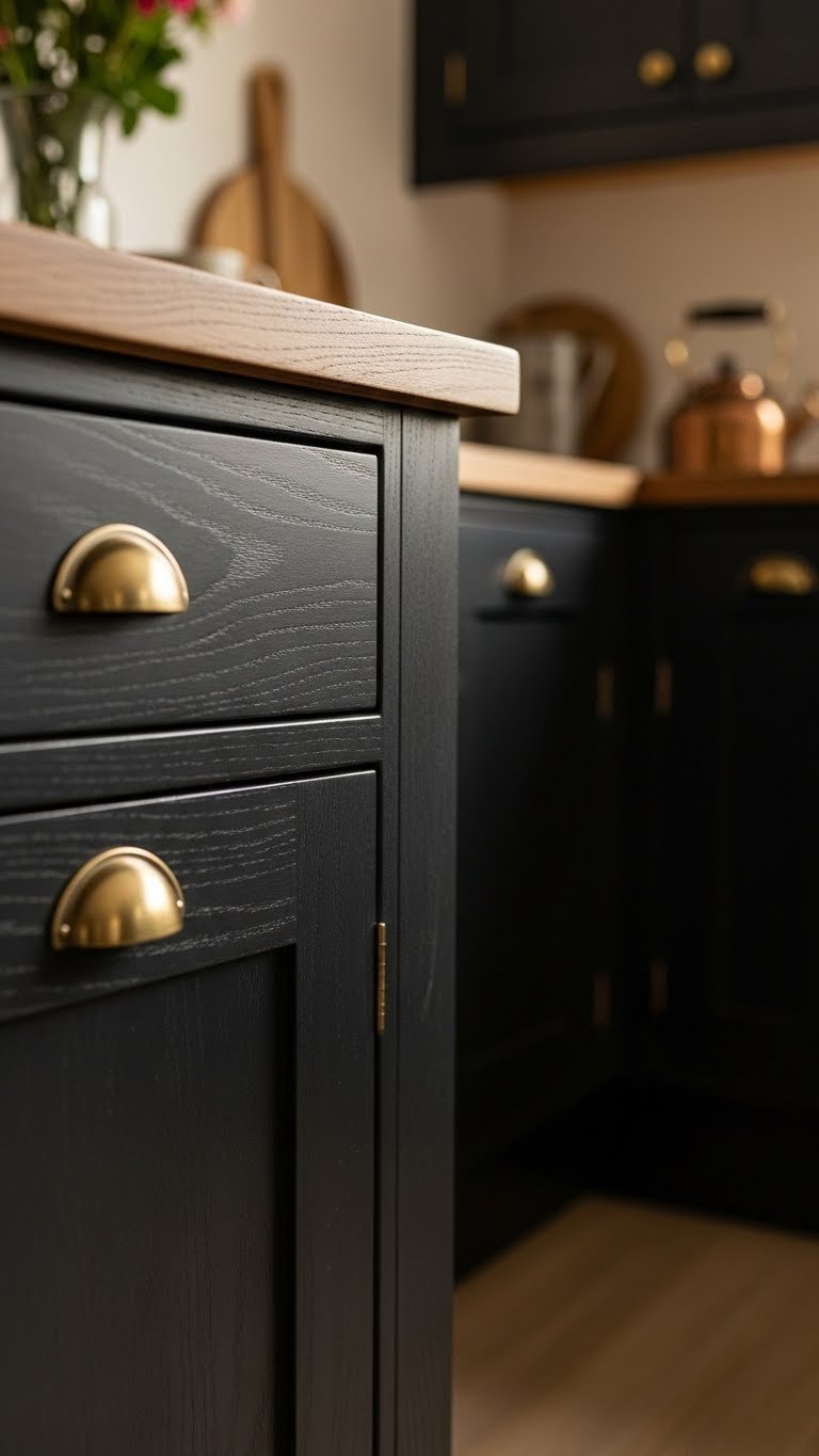 Matte black shaker kitchen cabinets with antique brass handles, rustic wood counter. Warm golden light enhances cozy kitchen aesthetic.