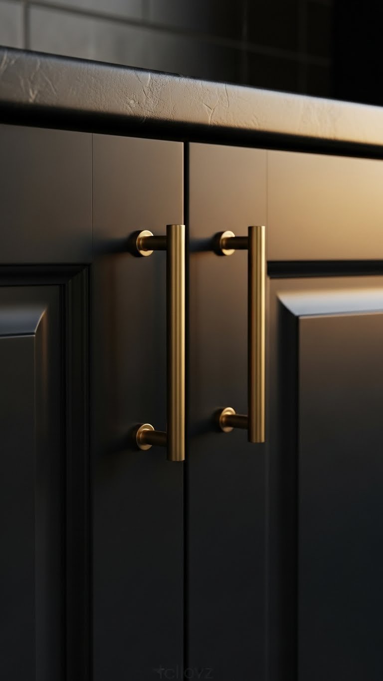 Matte charcoal kitchen cabinet door with a polished antique brass handle, showcasing luxurious dark kitchen hardware details.
