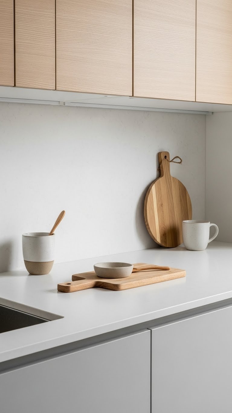 Matte finish quartz worktop with wooden cutting board and ceramic accessories in Japandi kitchen design