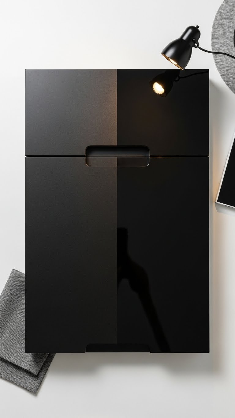Matte vs. high-gloss black kitchen cabinet samples side-by-side. Highlights distinct reflective qualities of modern finishes.