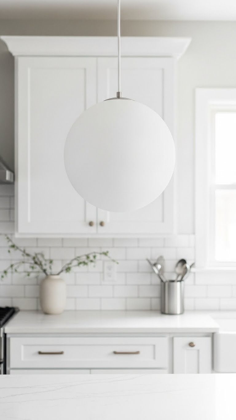 Matte white minimalist sphere pendant light providing diffused light over clean white quartz countertop