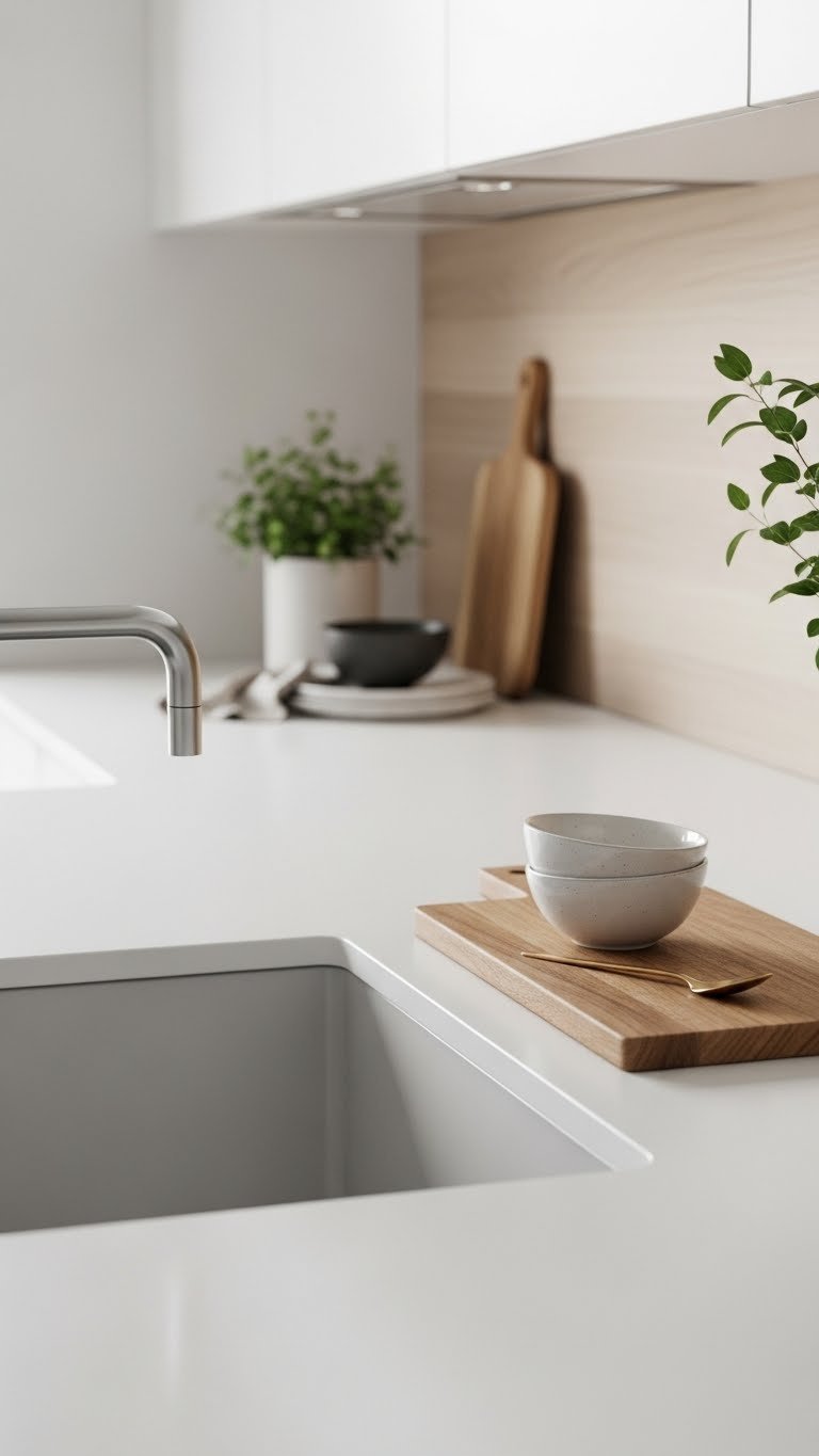 Matte white quartz countertop with ceramic bowl and wooden cutting board in minimalist Scandinavian kitchen interior design.