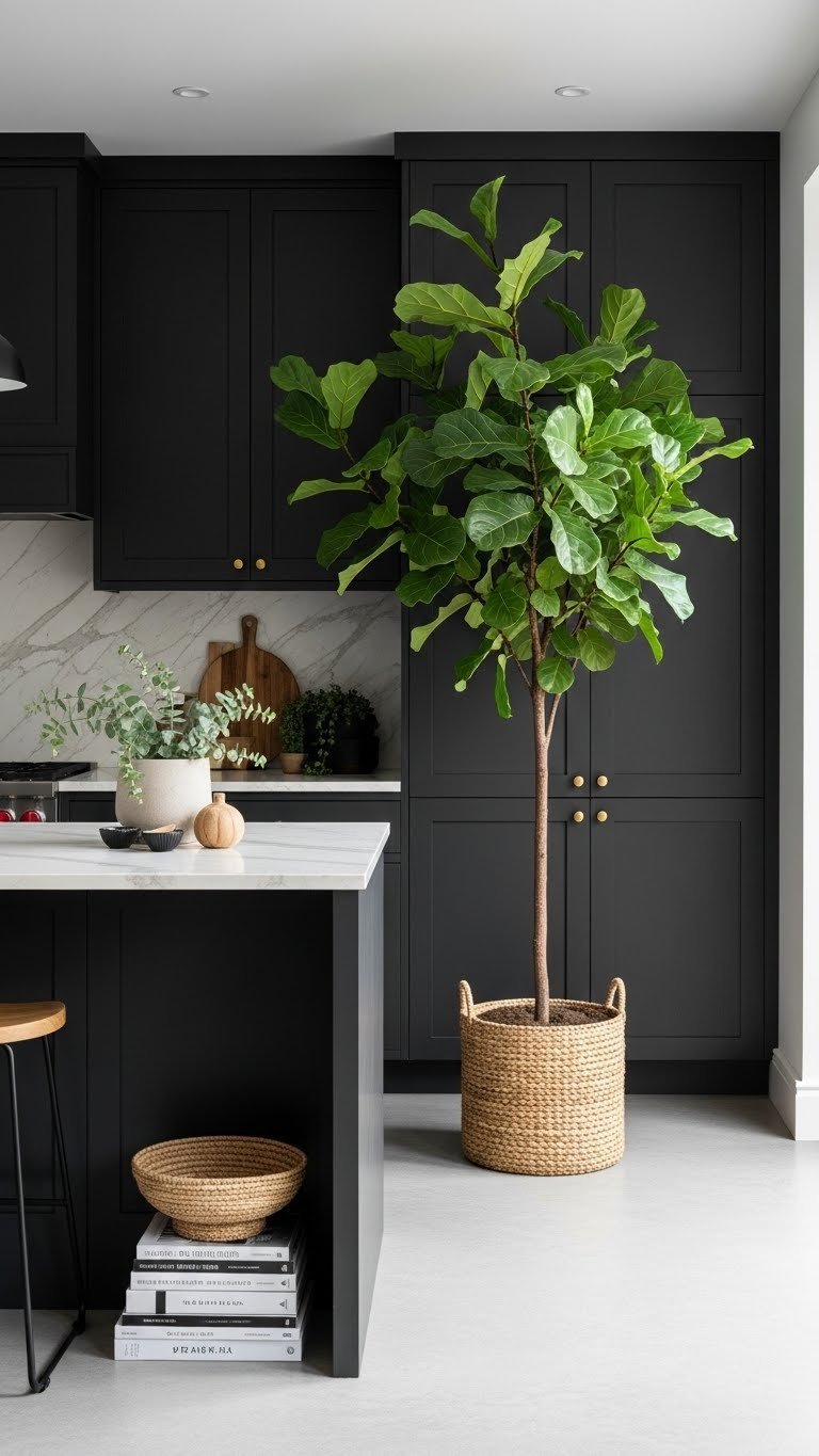 Mature Fiddle Leaf Fig plant next to a large dark kitchen island with marble countertops and sleek cabinetry.