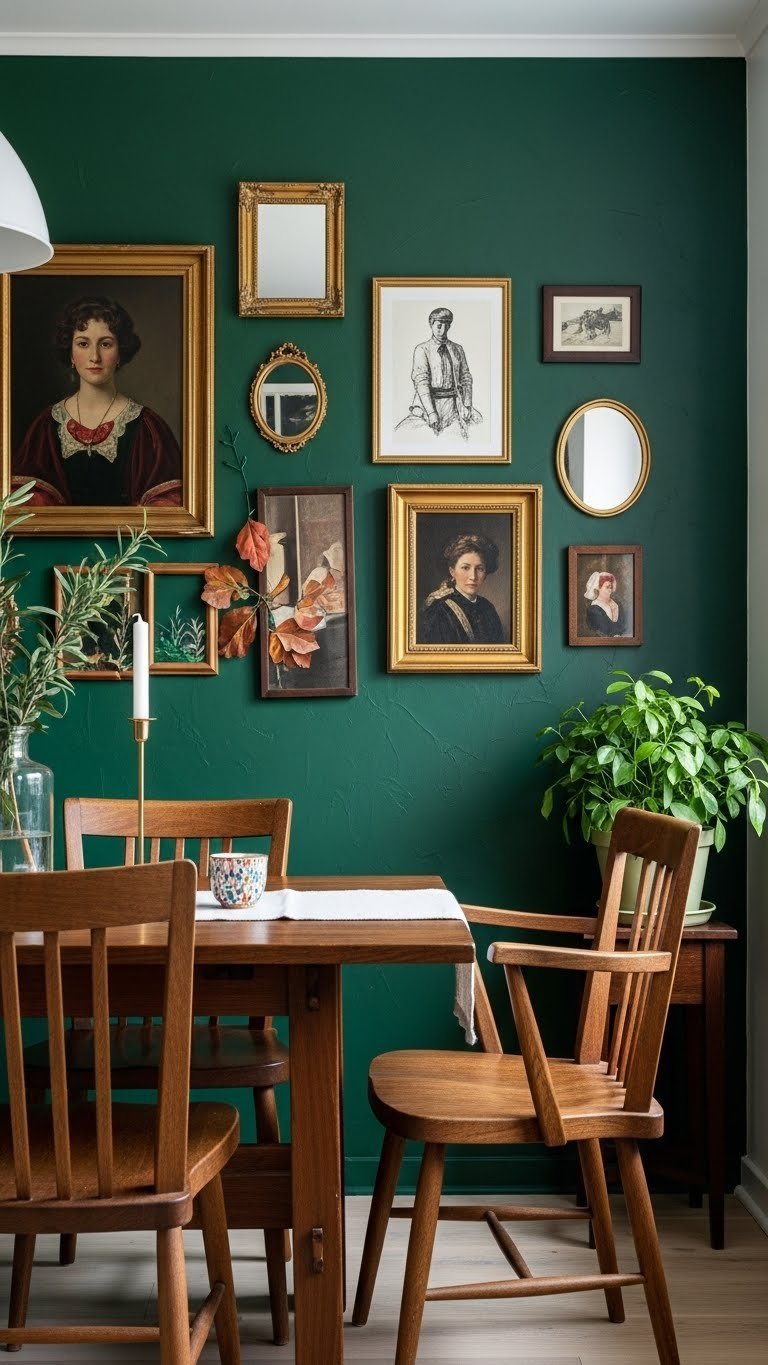 Maximalist kitchen gallery wall with vintage portraits, abstract prints, and mirrors on a deep forest green wall in a dining nook.