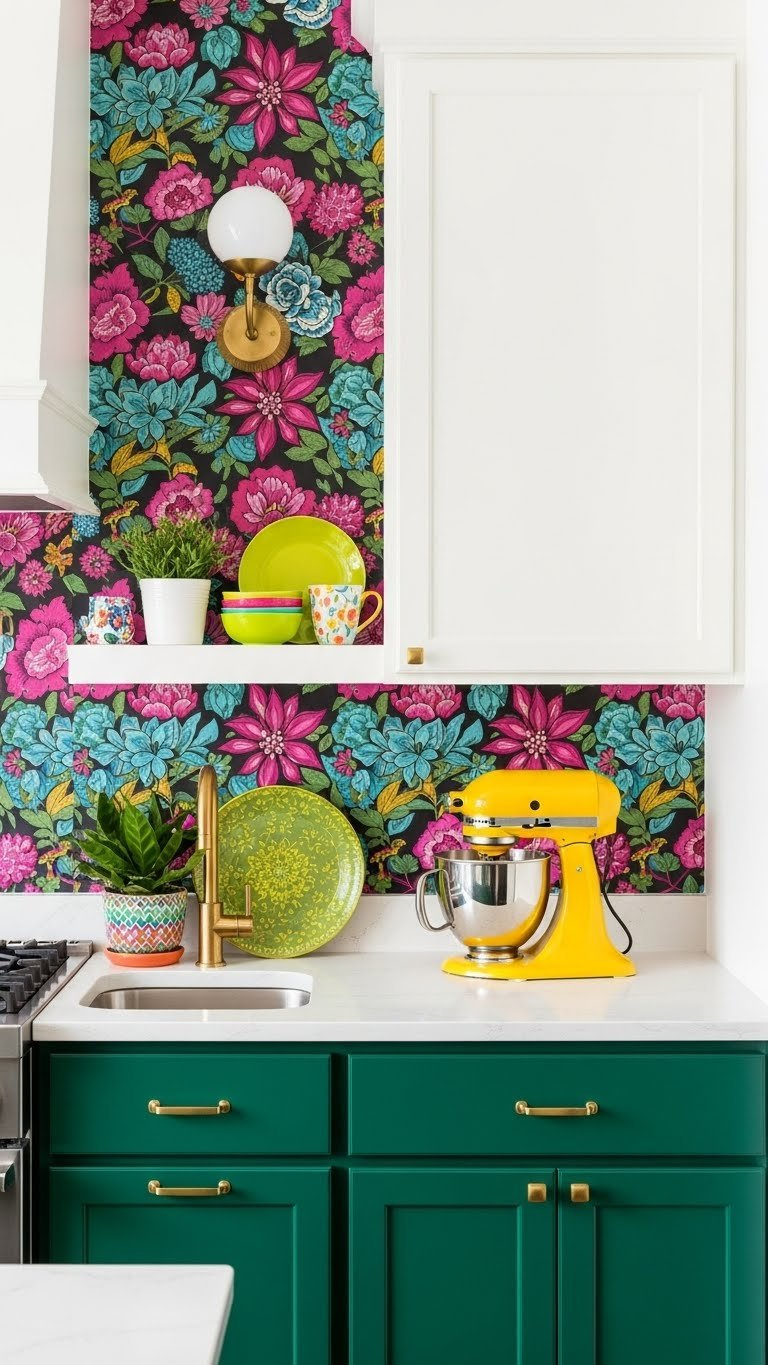 Maximalist kitchen with emerald green cabinets, white quartz countertop, and vibrant floral wallpaper featuring a retro yellow stand mixer.