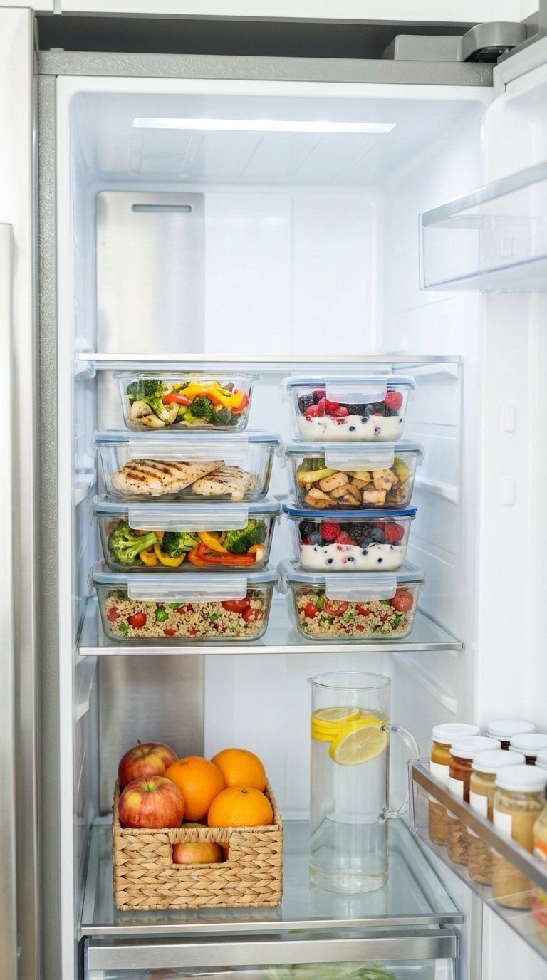 Meal prep containers filled with healthy food organized in bright modern refrigerator