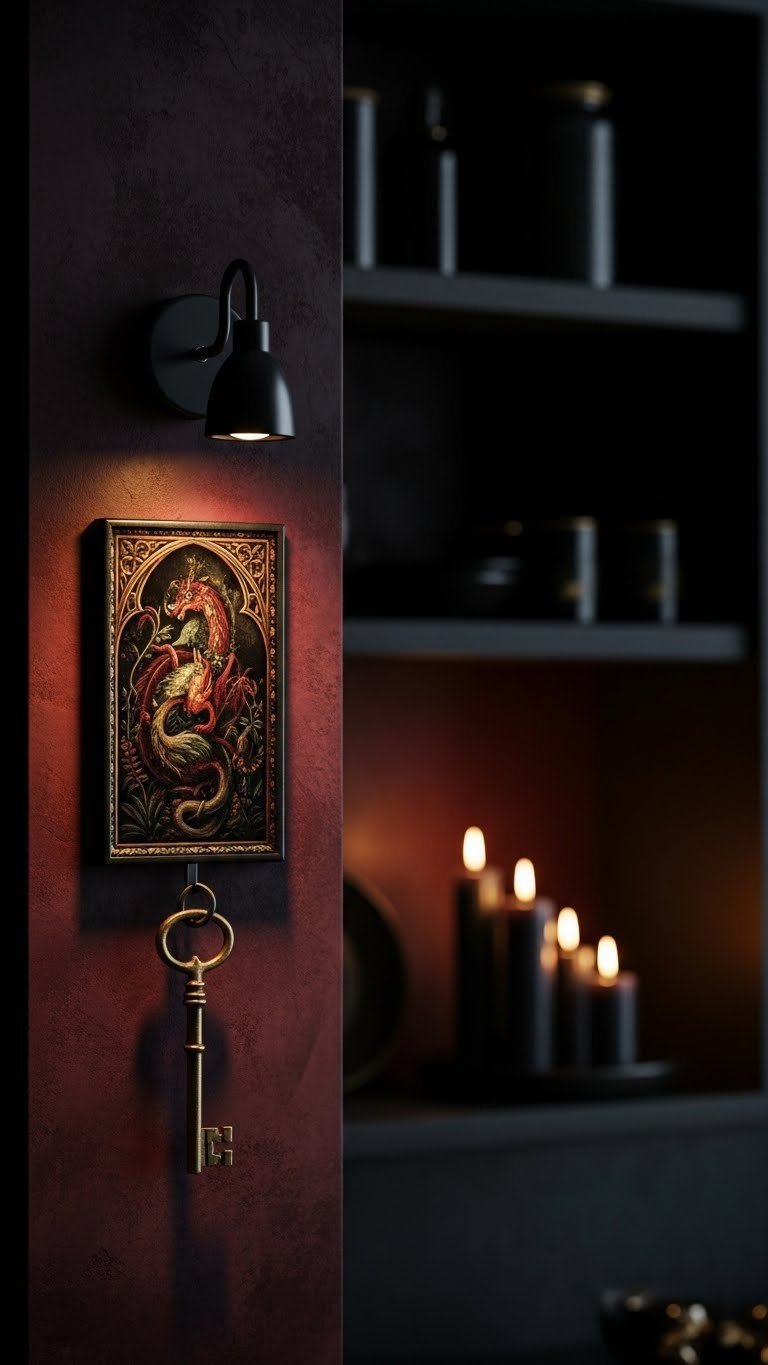 Medieval kitchen decor: ornate framed dark art depicting a mythical creature, illuminated by picture light, with an antique key.
