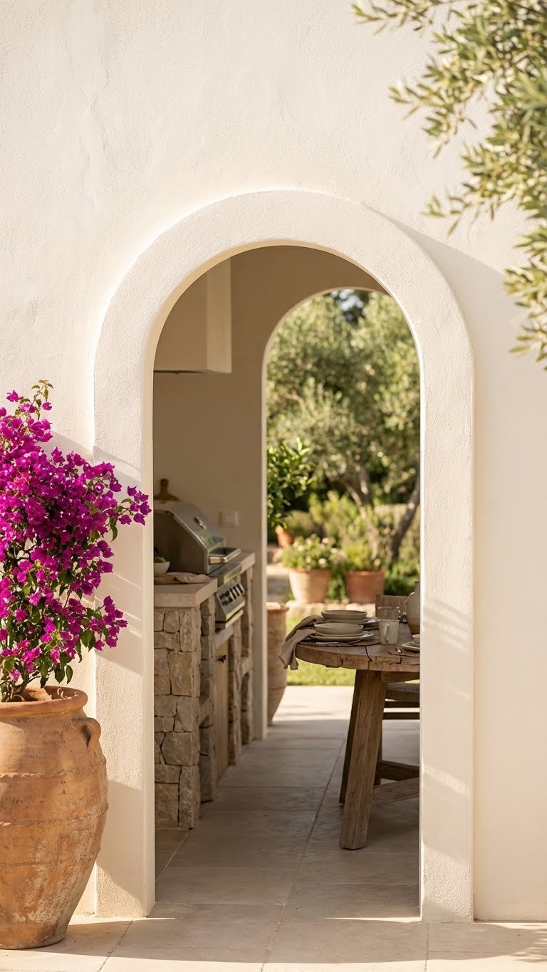 Outdoor Kitchen Mediterranean Design Guide For Al Fresco Living 7 Mediterranean stucco archway entrance to outdoor kitchen with terracotta pot and bougainvillea plant