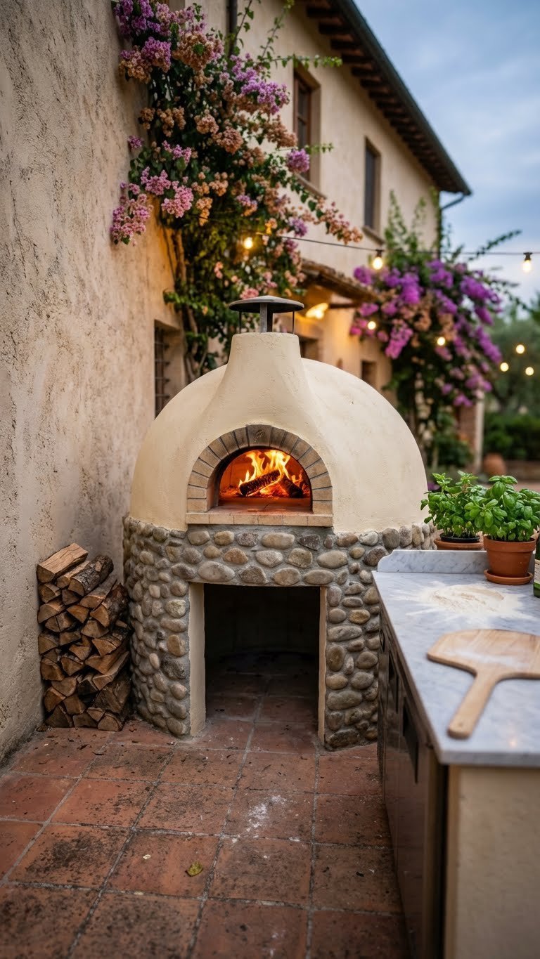Outdoor Kitchen Villa Design Ideas For Luxury Entertaining 7 Mediterranean-style stone pizza oven with warm fire glow in rustic outdoor kitchen setting surrounded by bougainvillea.