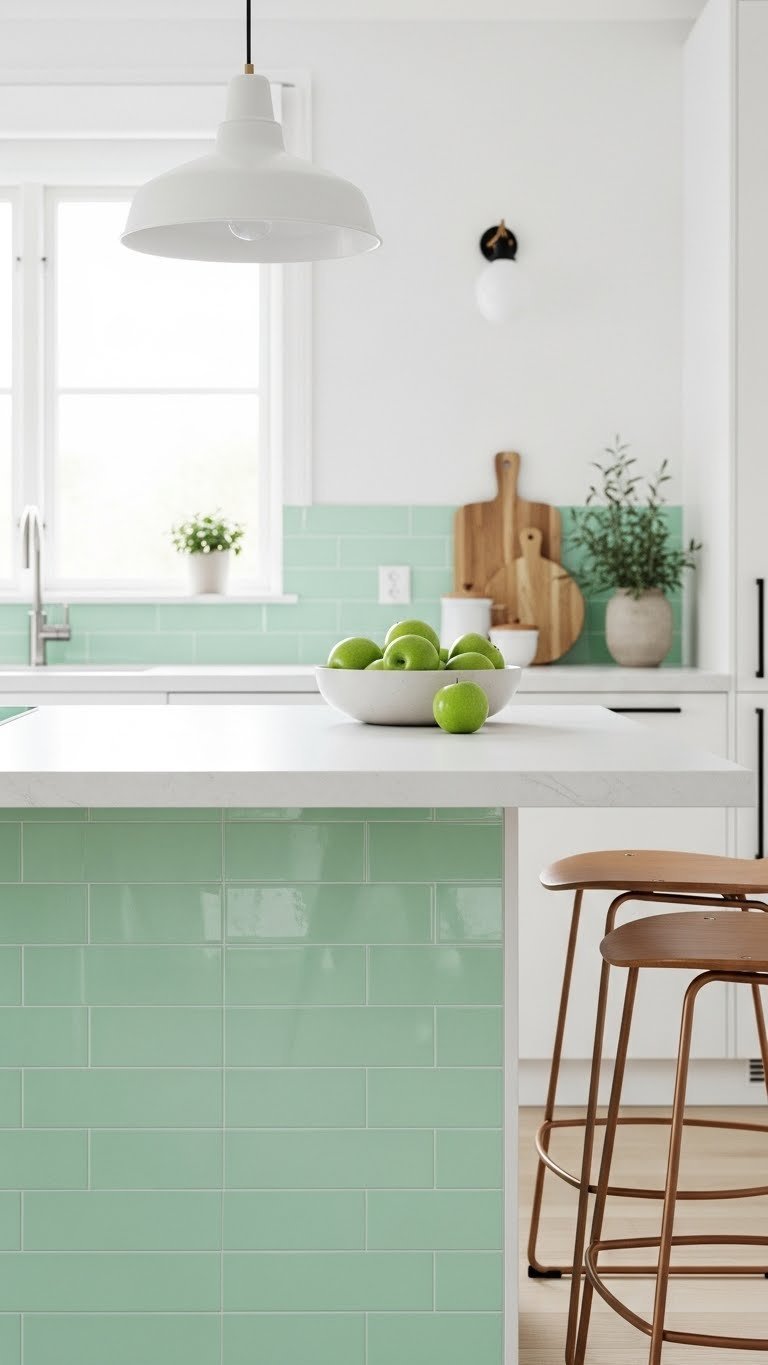 Medium shot of light mint green glossy rectangular tiles on kitchen island side with white countertop and bar stools