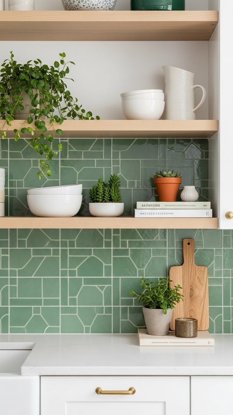 Medium shot of subtle geometric patterned green tiles behind light wood open shelving with curated ceramics and plants
