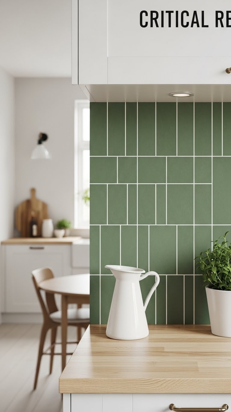 Medium shot of vertically stacked sage green matte tiles creating height illusion with light wood cabinetry