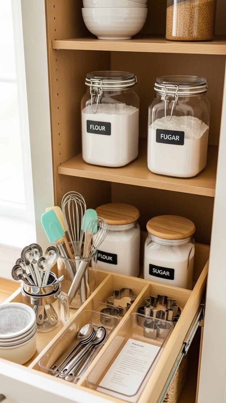 Meticulously organized baking cabinet with measuring tools and ingredients in clear containers