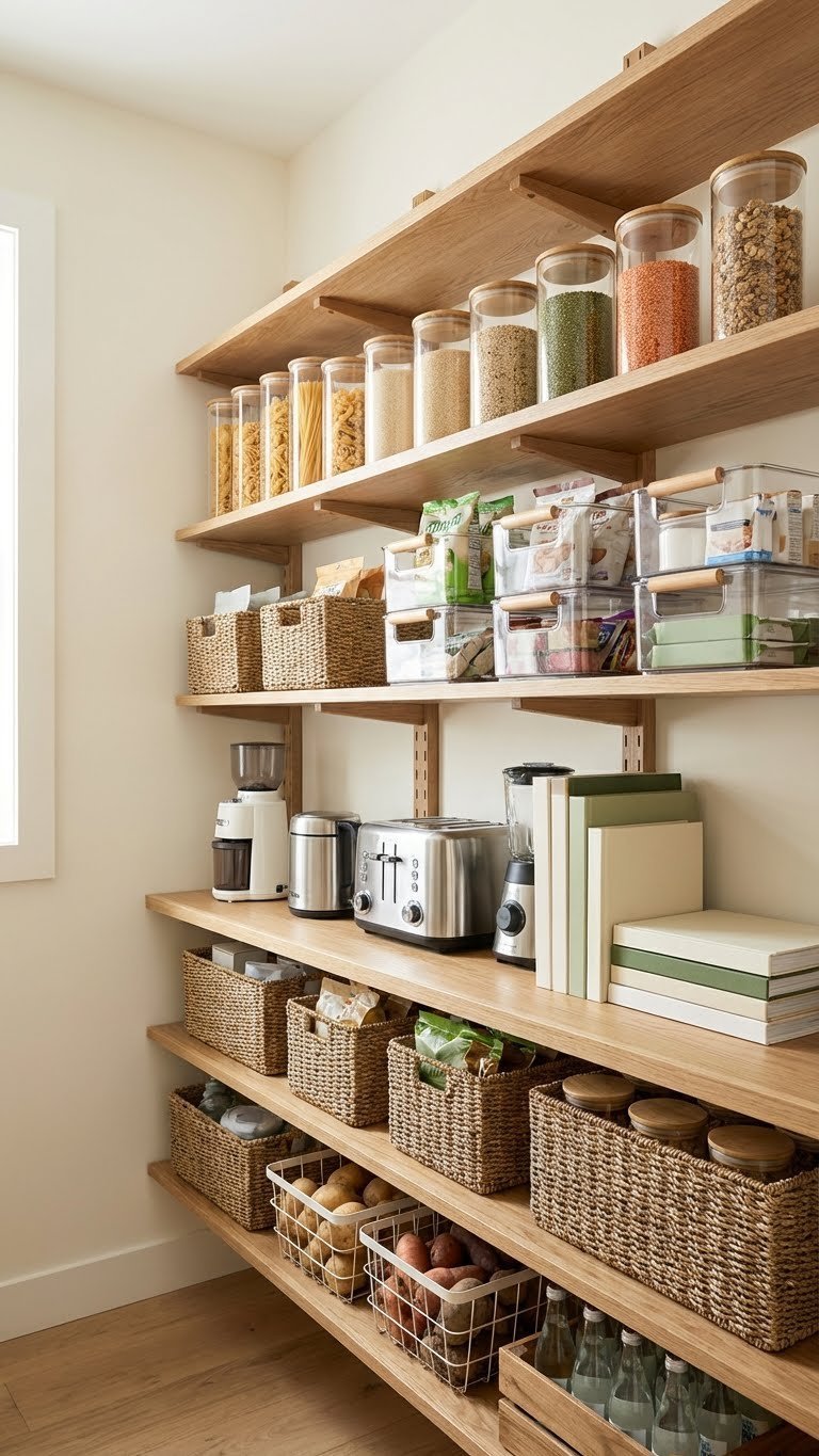 7 Genius Kitchen Pantry Ideas: Convert Your Walk-In Closet 1 Meticulously organized kitchen pantry with adjustable wooden shelves, uniform glass jars, baskets, and appliances for efficient storage design.