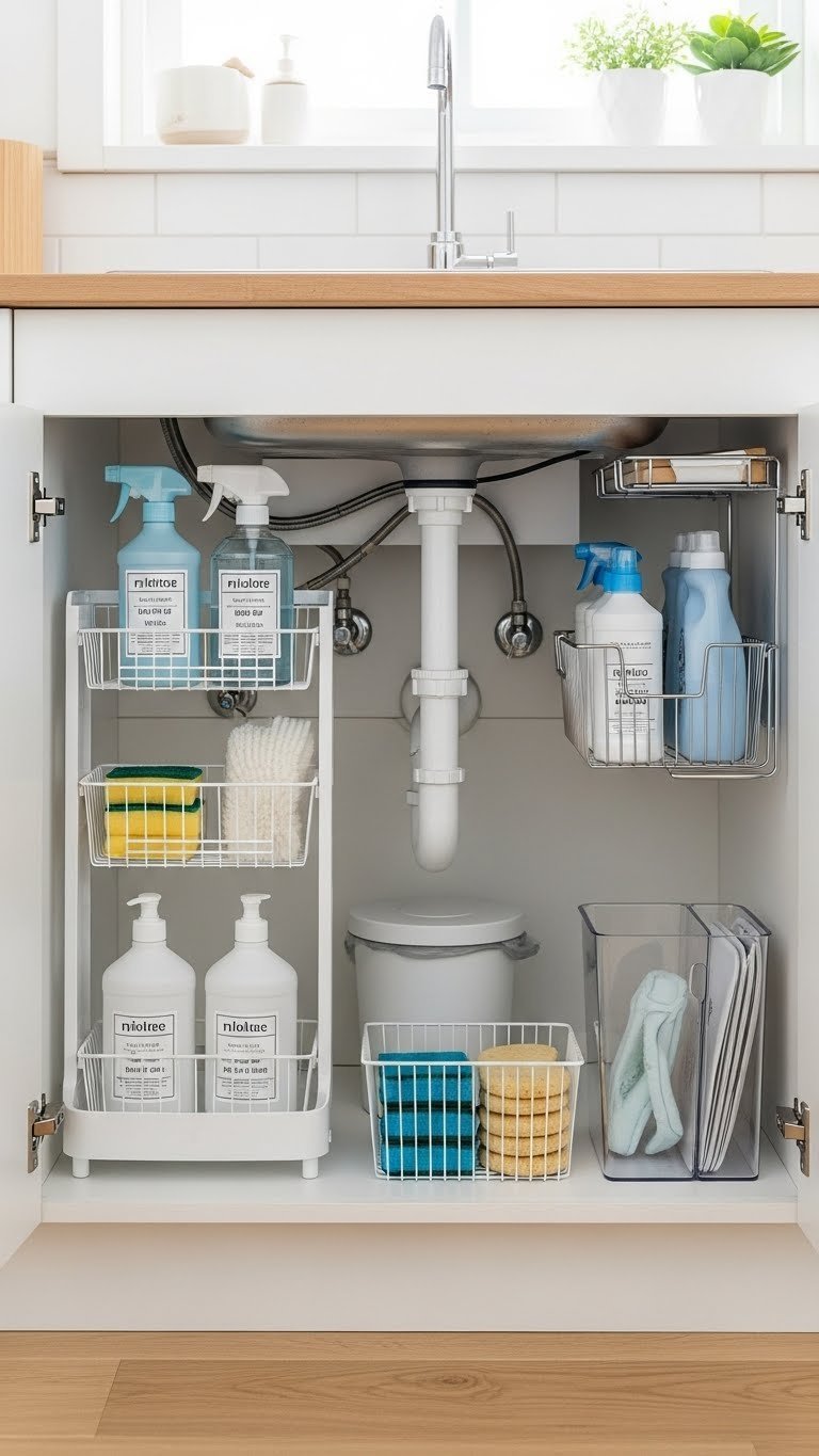 Meticulously organized under-sink area with tiered pull-out organizers and labeled cleaning supplies in white cabinet