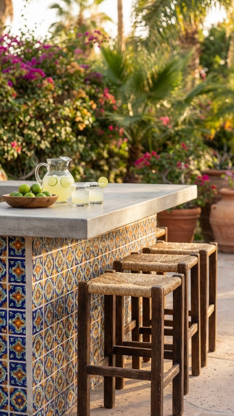 Outdoor Kitchen Mexican Style Ideas For Authentic Entertaining 17 Mexican outdoor bar with Talavera tile front, concrete countertop, and margarita glasses in garden setting.