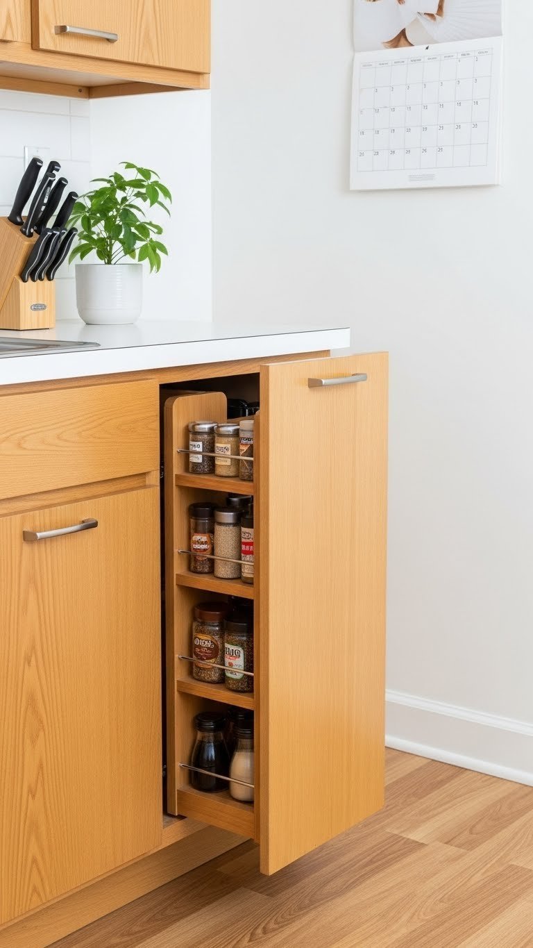 Mid-century modern cabinetry with hidden storage solutions in a compact 1950s-inspired kitchen design