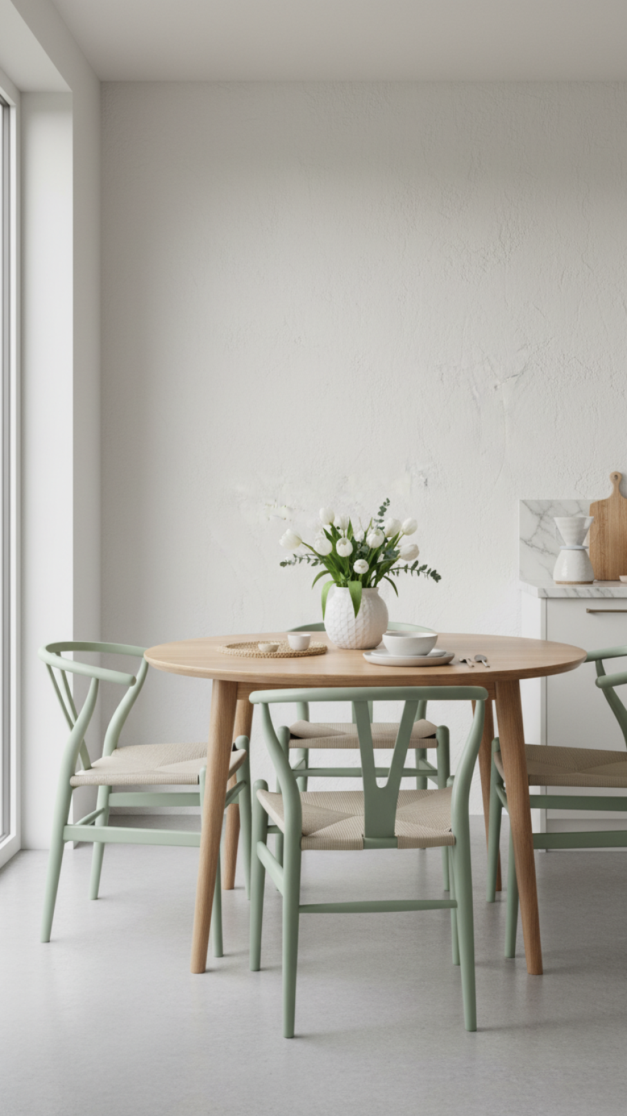 Mid-century modern dining chairs around light wood table in Scandinavian retro kitchen dining area