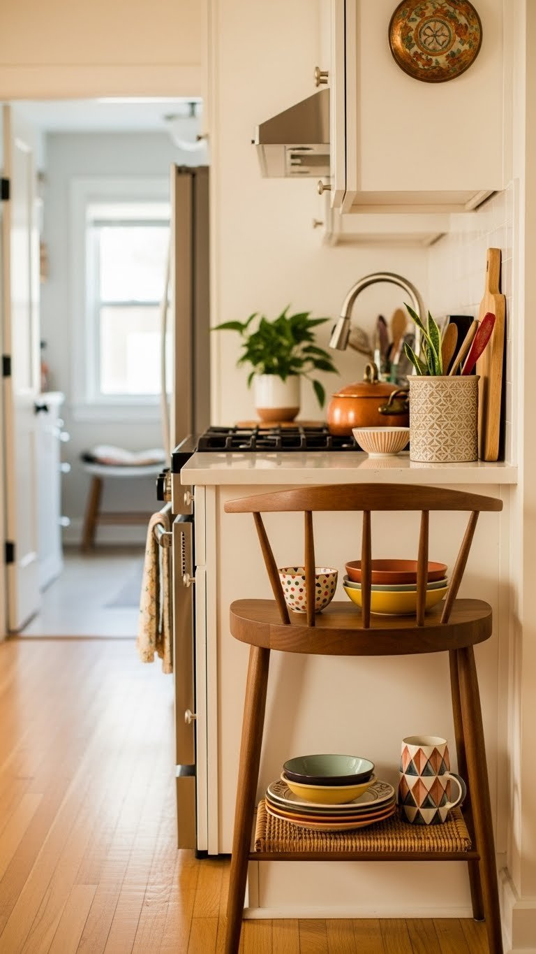 Mid-century modern kitchen blended with bohemian decor elements in compact cooking space with metallic fixtures