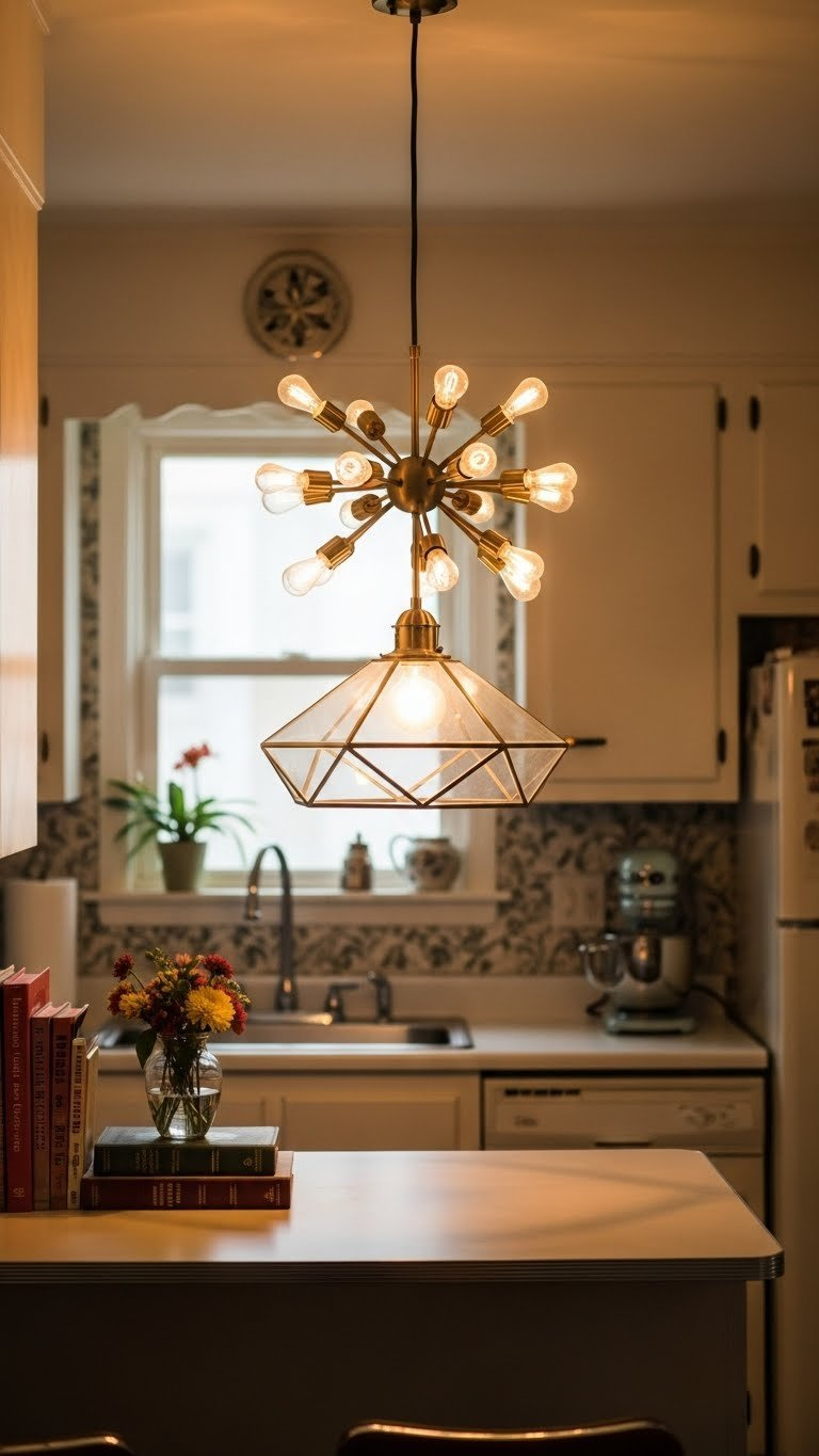 Mid-century modern lighting fixture hanging over compact kitchen island with warm golden hour glow