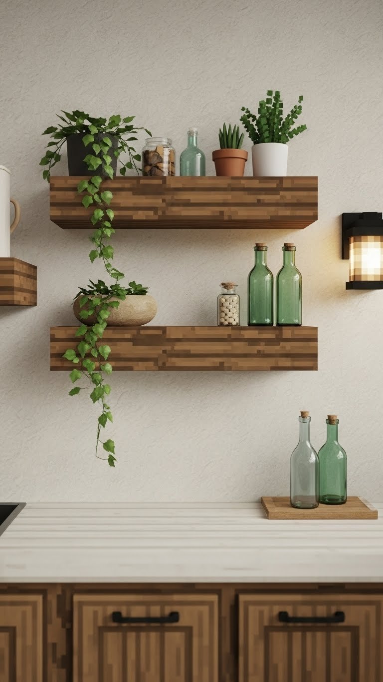 Minecraft floating shelves with rustic decor and plants maximizing vertical kitchen wall space