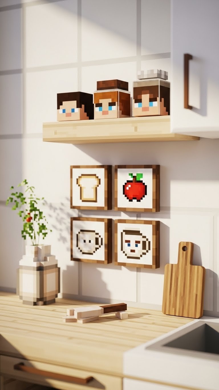 Minecraft kitchen detailing with item frames displaying food items and custom decorative player heads