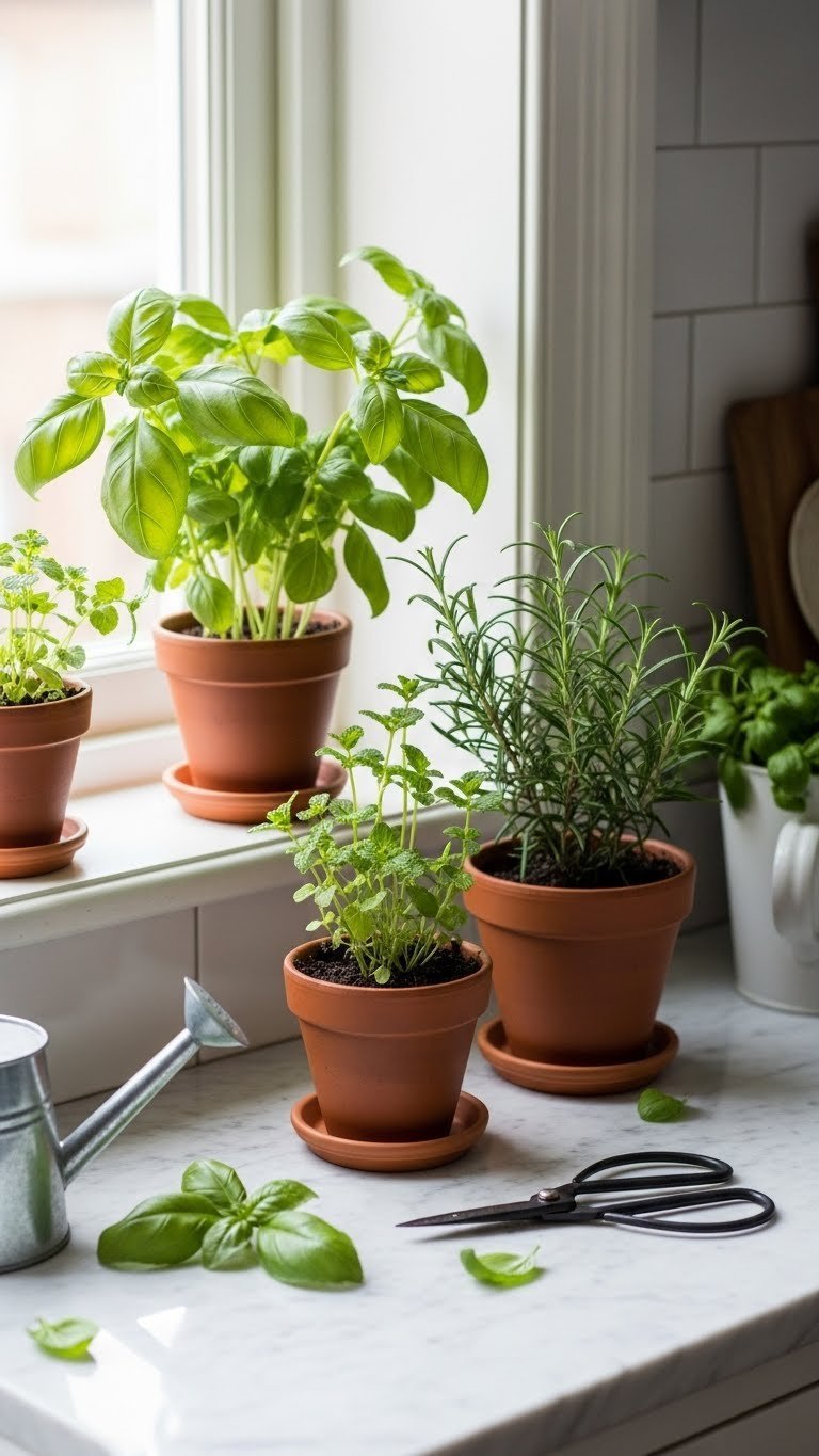 Mini indoor herb garden with terracotta pots of basil, mint, and rosemary on windowsill
