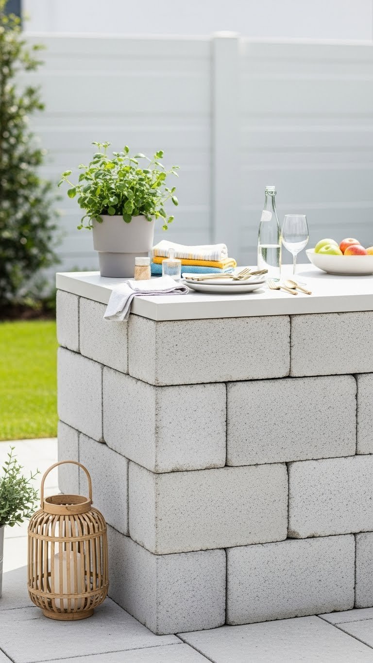 Minimalist DIY concrete block outdoor kitchen island with composite countertop and modern patio setup for backyard entertaining