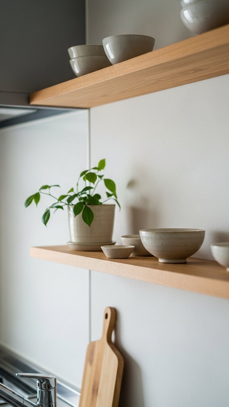 Minimalist Japandi kitchen floating shelves with handcrafted ceramics and indoor plant against textured wall