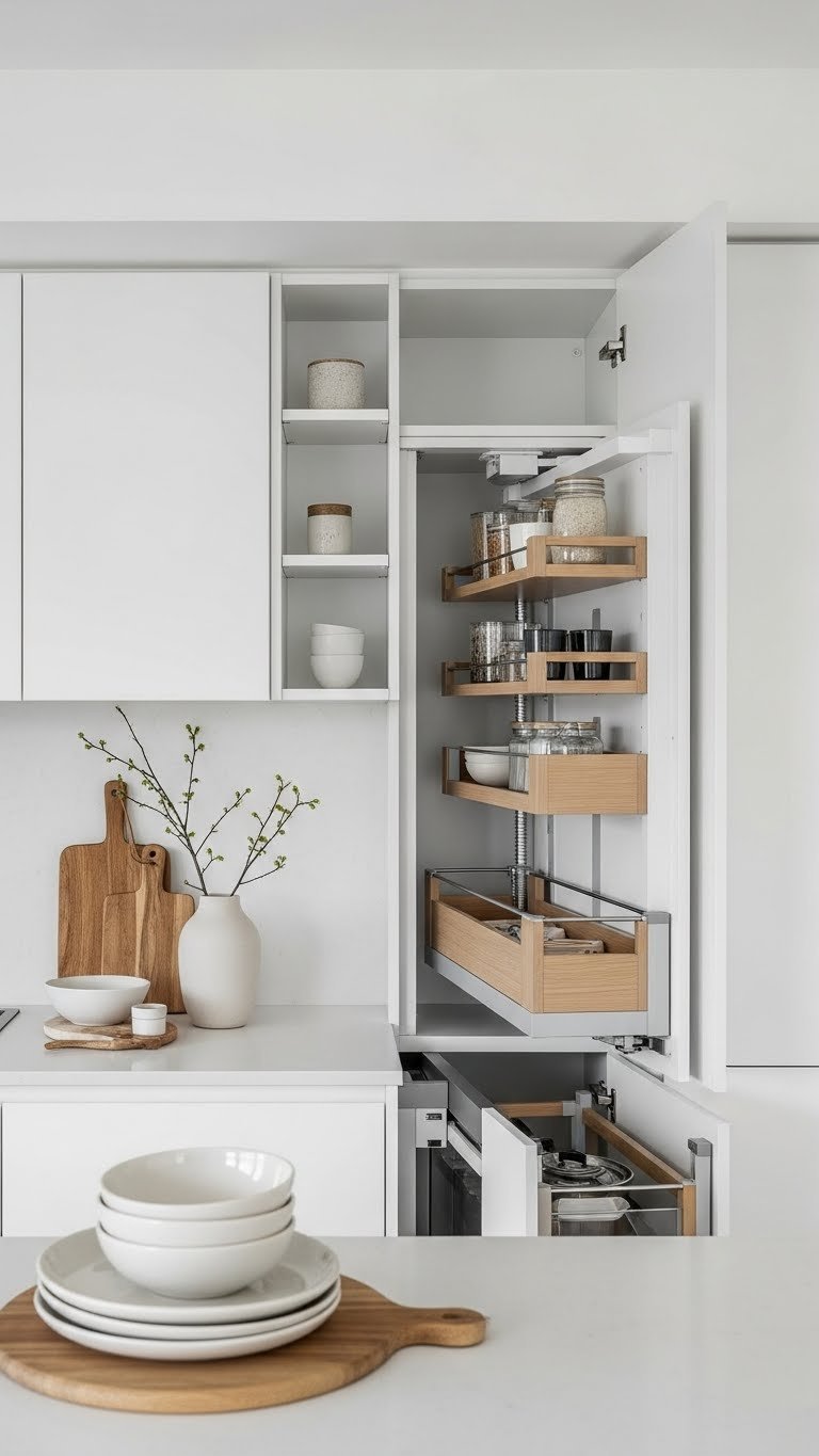 Minimalist Japandi kitchen with sleek handleless cabinetry, integrated appliances, and open shelving displaying essential ceramic vase and dinnerware.