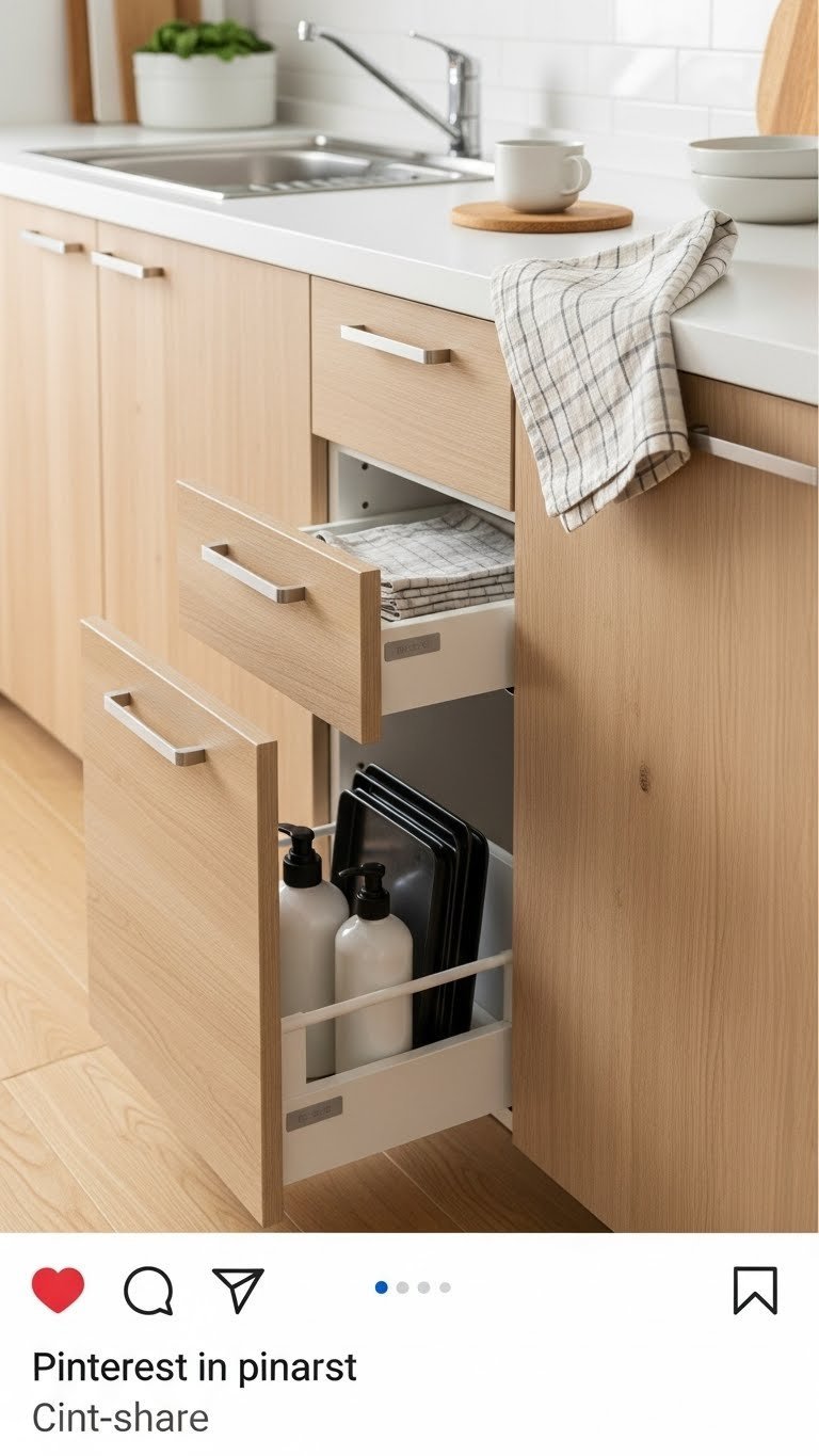 Minimalist Japanese kitchen showing clever toe-kick drawer storage solution with organized kitchen supplies
