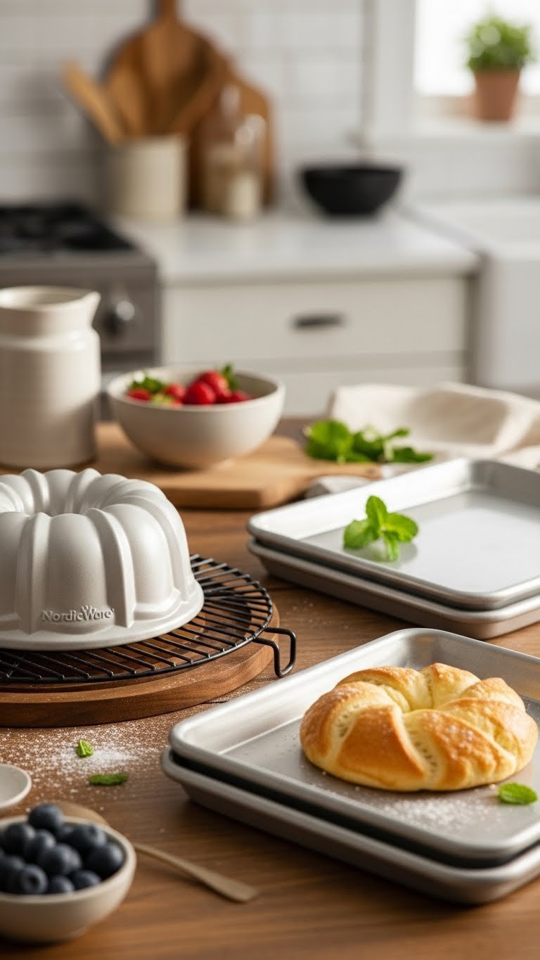 Minimalist Nordic bakeware including bundt pan on rustic wooden cooling rack with baking elements