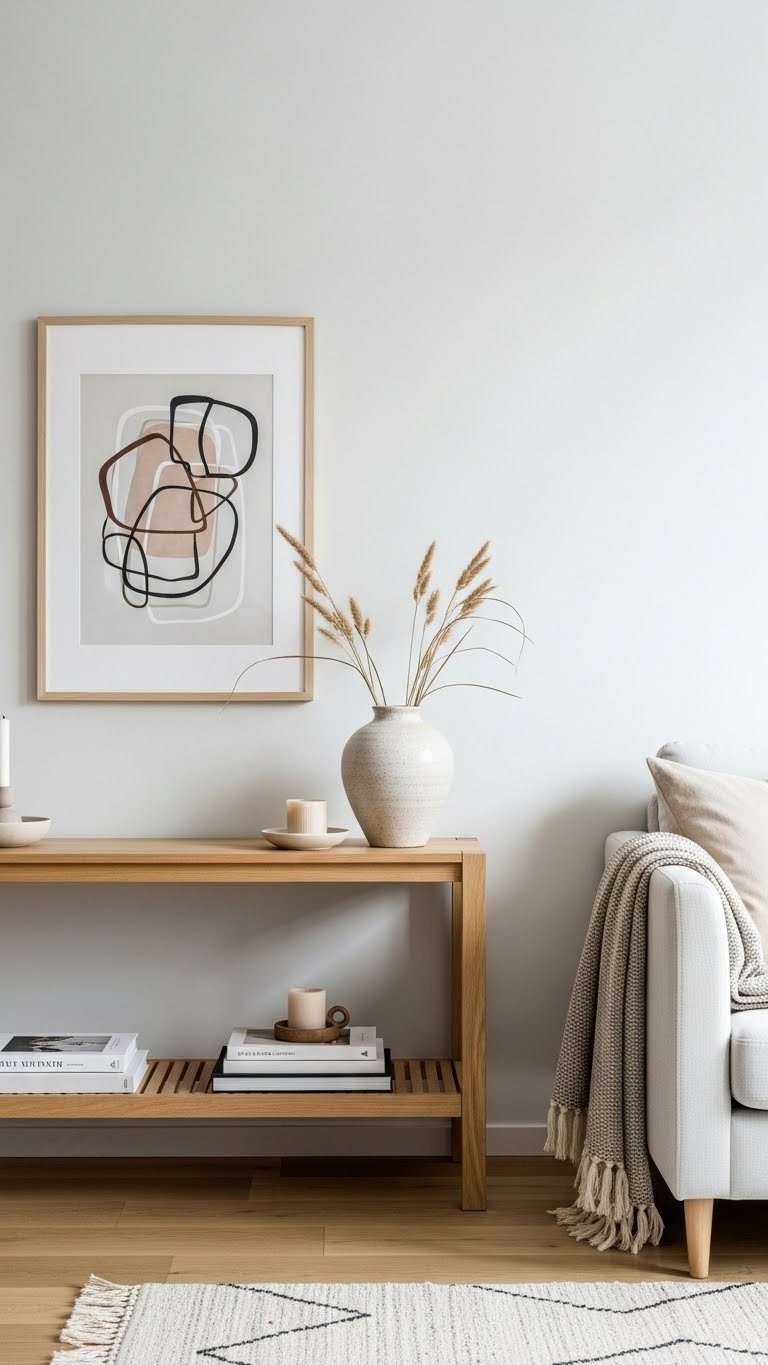 Minimalist Scandi decor with curated art pieces, ceramic vase, and textured throw on sofa