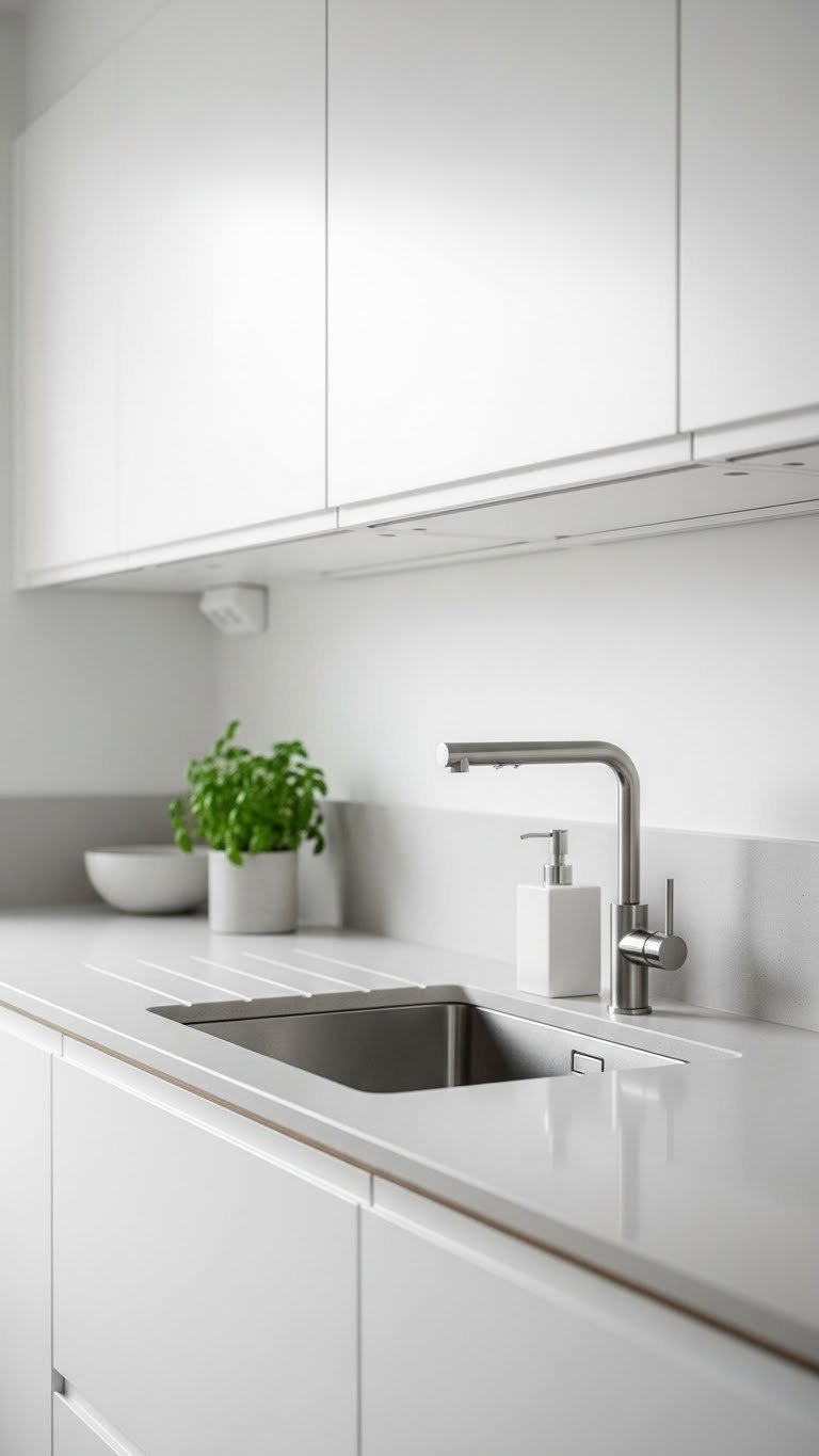 Minimalist Scandi kitchen countertop with integrated sink and stainless steel faucet against handleless white cabinetry