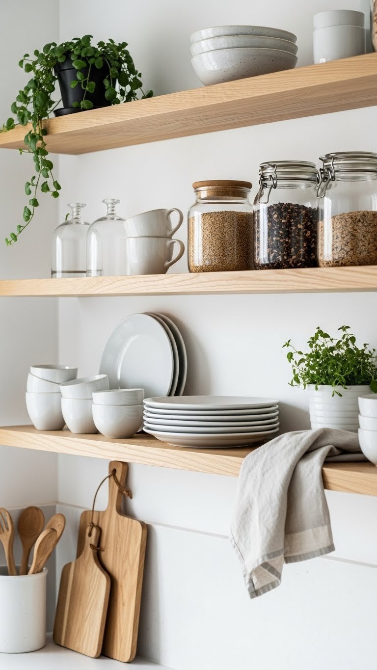 Minimalist Scandi kitchenware on light wood open shelves with ceramic mugs and glass jars against white textured wall