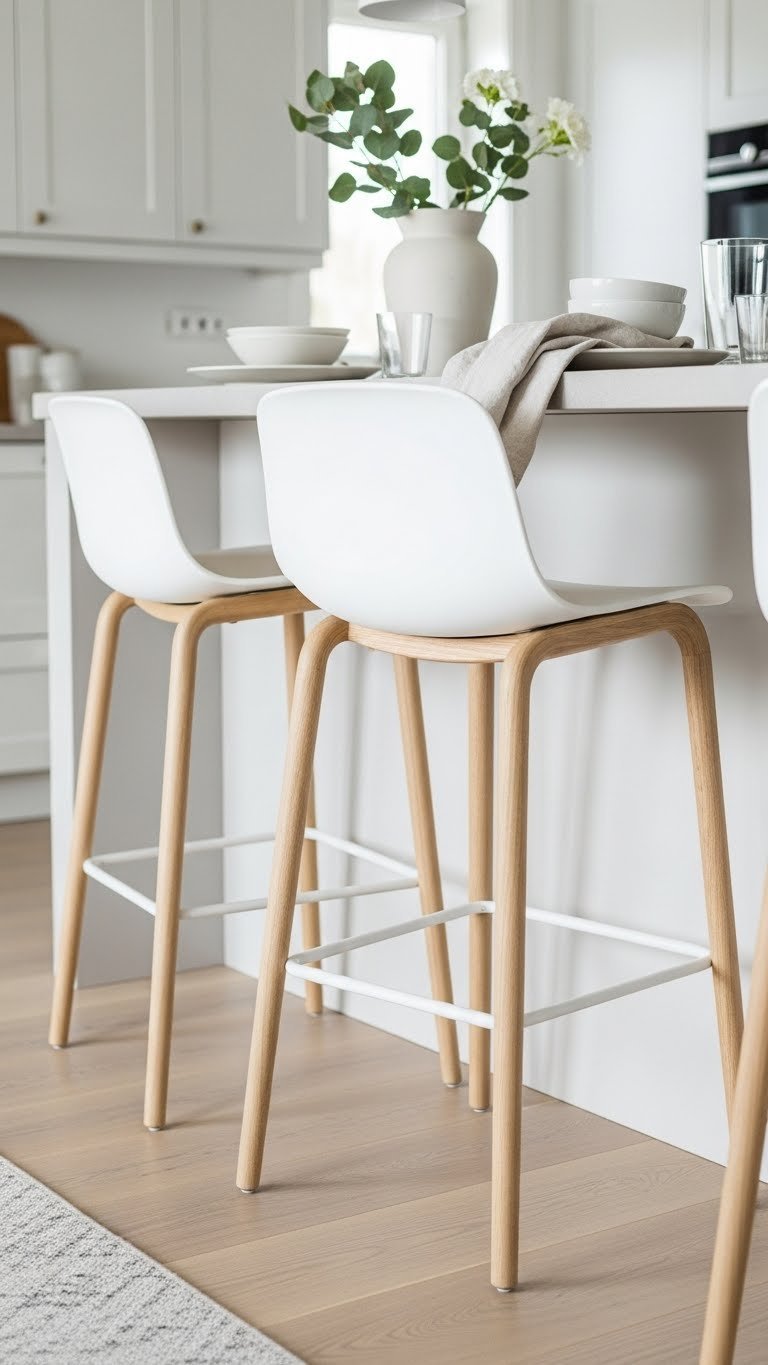 Scandi Kitchen Breakfast Bar: Ultimate Design Guide For Homes 7 Minimalist Scandinavian bar stools positioned at a light wood breakfast bar with clean lines and soft natural lighting.