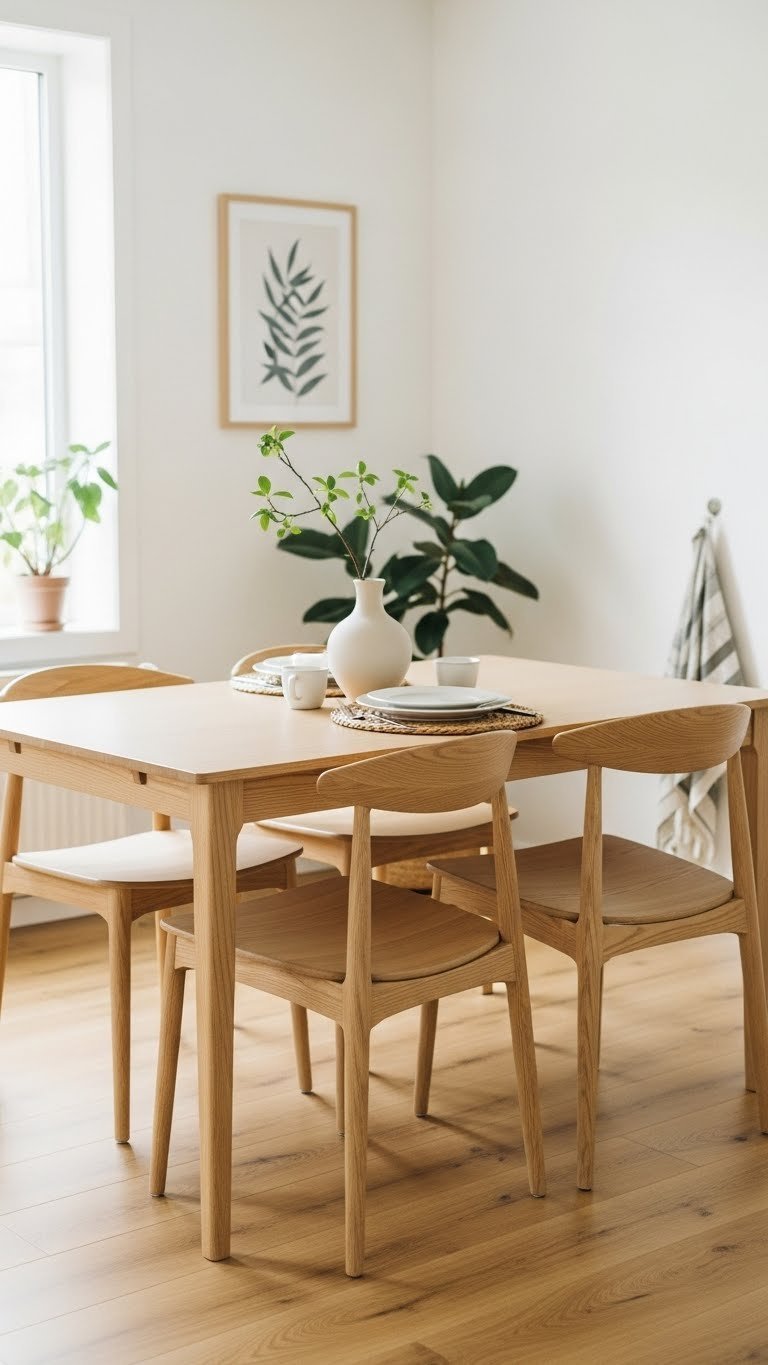 Minimalist Scandinavian dining table with four wooden chairs and ceramic vase centerpiece in soft natural window light