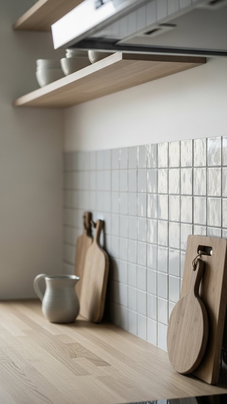 Minimalist Scandinavian kitchen featuring square tile backsplash with soft texture on light wood countertop.