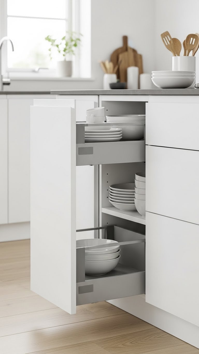 Minimalist Scandinavian kitchen island showcasing handleless drawers and pull-out shelving for organized hidden storage