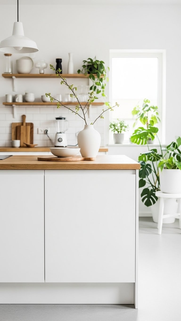 Minimalist Scandinavian kitchen island with light wood countertop and white handleless cabinets in soft natural lighting against blurred background