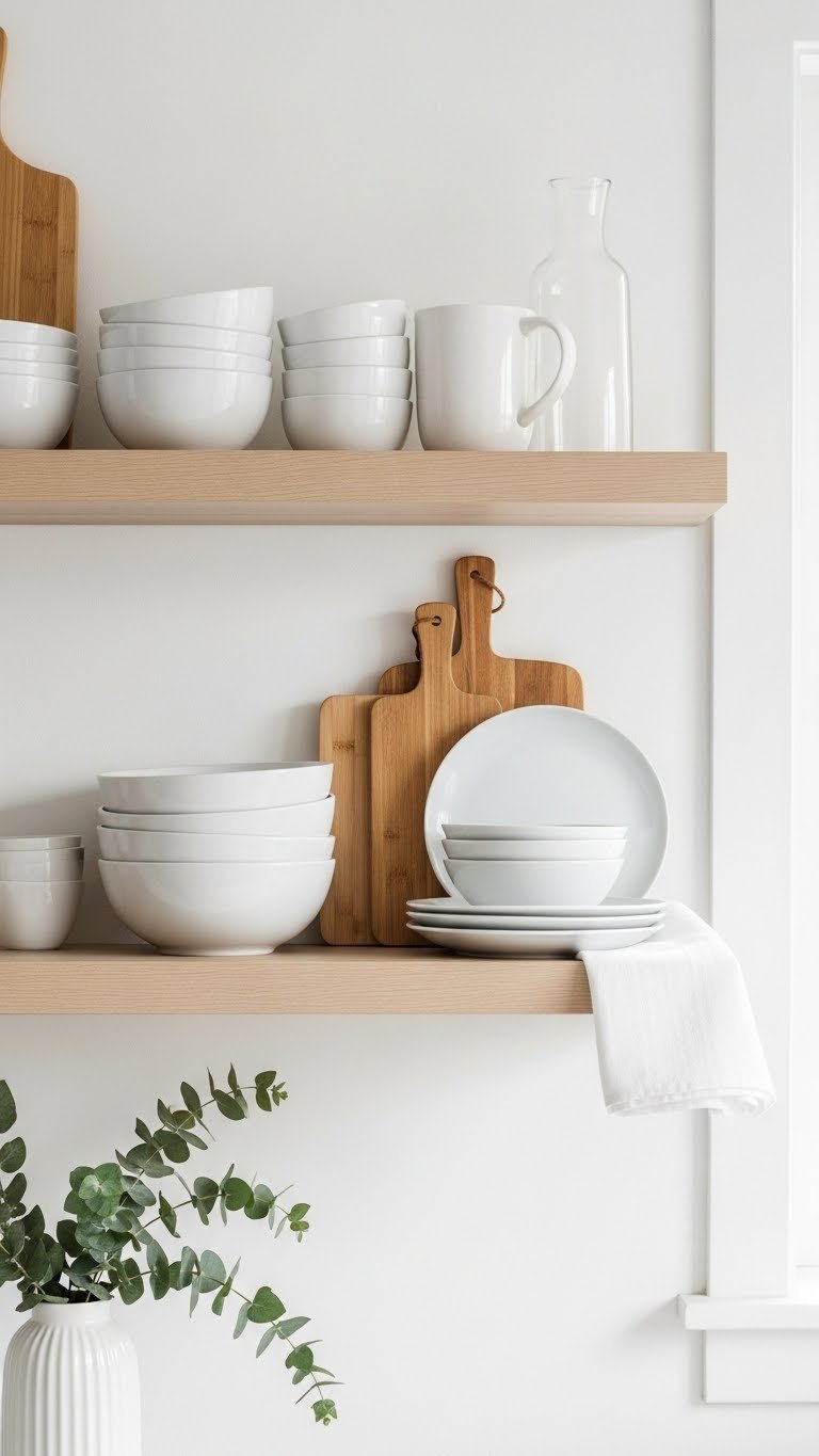 Minimalist Scandinavian kitchen open shelves with white ceramic bowls, light wood cutting boards, and eucalyptus sprig arranged symmetrically against soft natural lighting