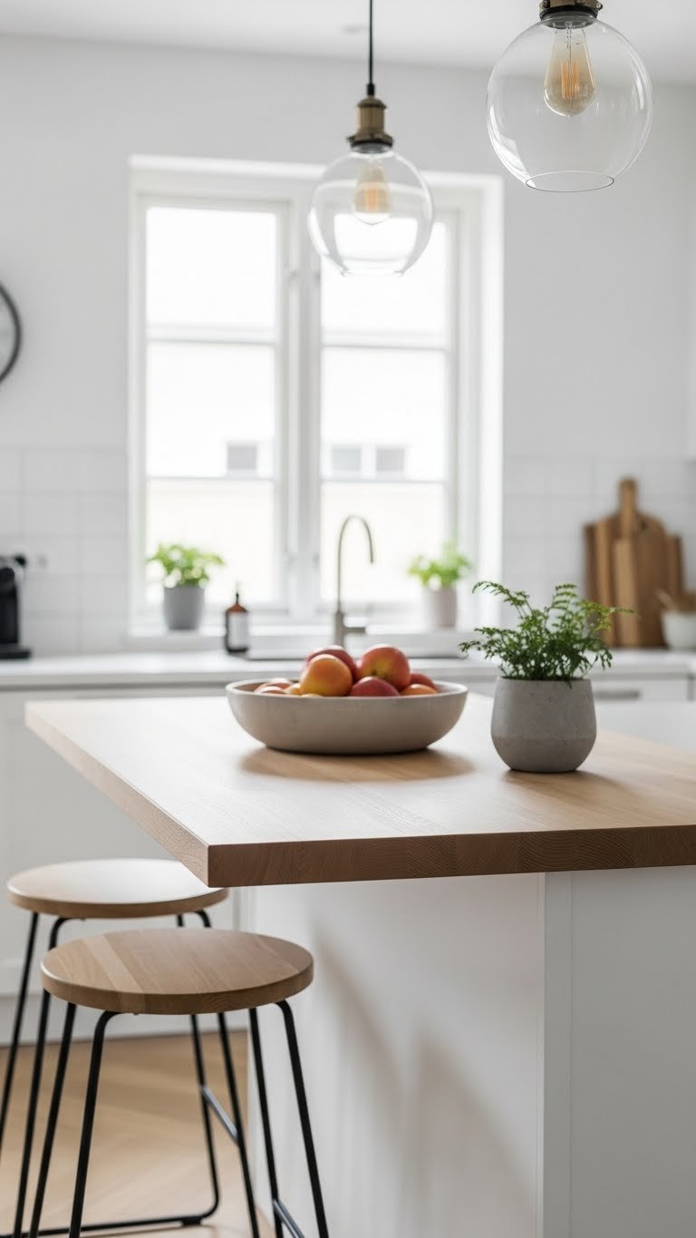 Minimalist Scandinavian kitchen peninsula with floating wooden countertop, ceramic fruit bowl, and bar stools in soft natural lighting