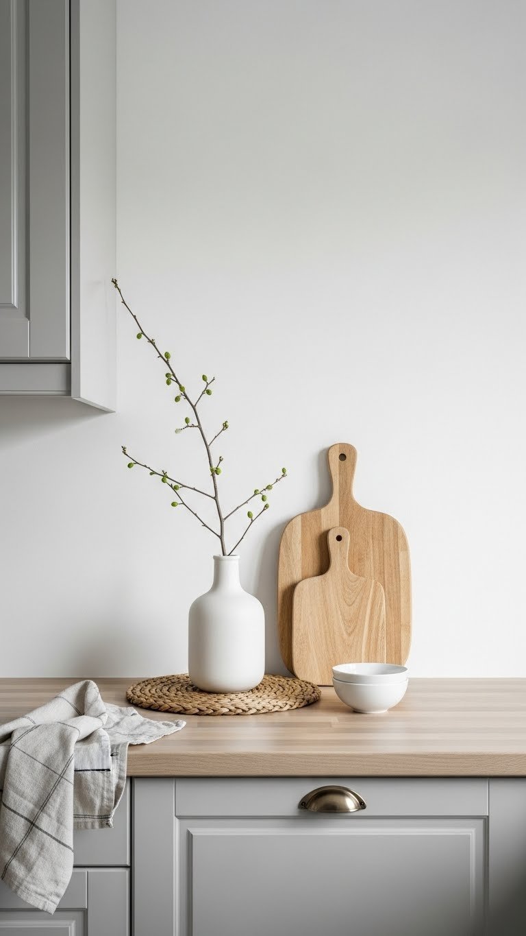 Minimalist Scandinavian kitchen vignette with white ceramic vase, natural fiber placemat, and wooden cutting board on light countertop
