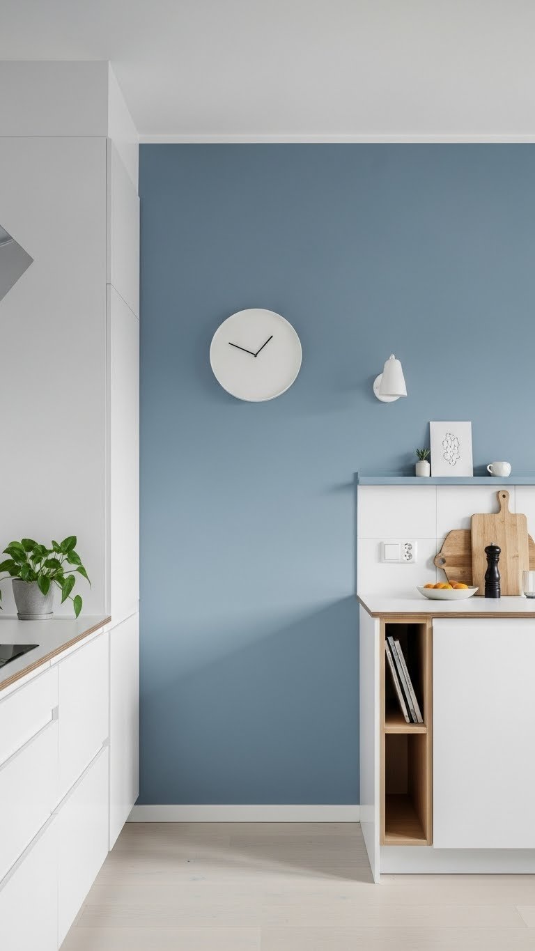 Minimalist Scandinavian kitchen with dusty blue accent wall contrasting white cabinetry and light wood elements.