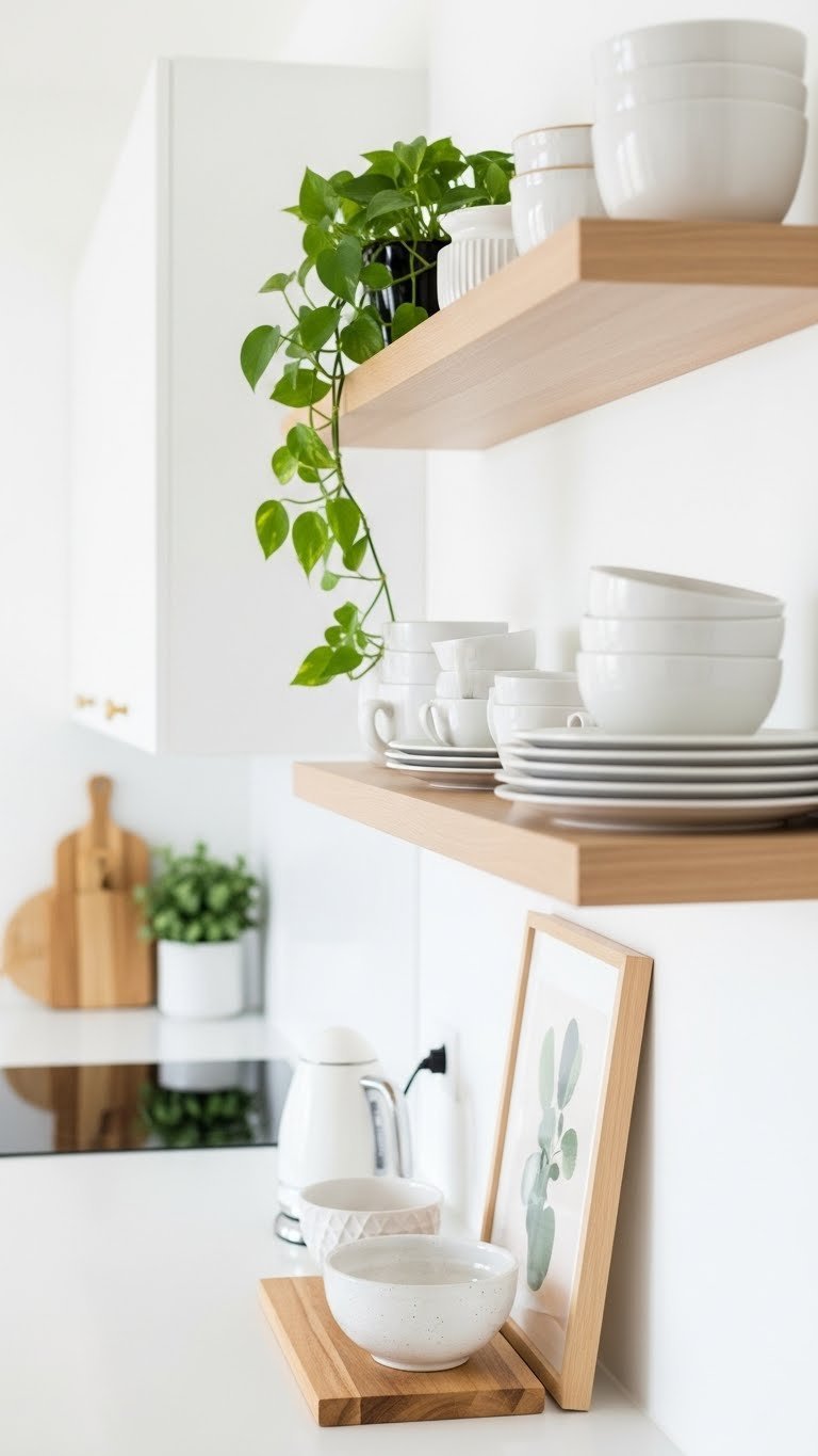 7 Essential Scandi Kitchen Apartment Ideas To Maximize Space 1 Minimalist Scandinavian kitchen with light wood open shelves displaying white ceramic dishware and green plants against white wall