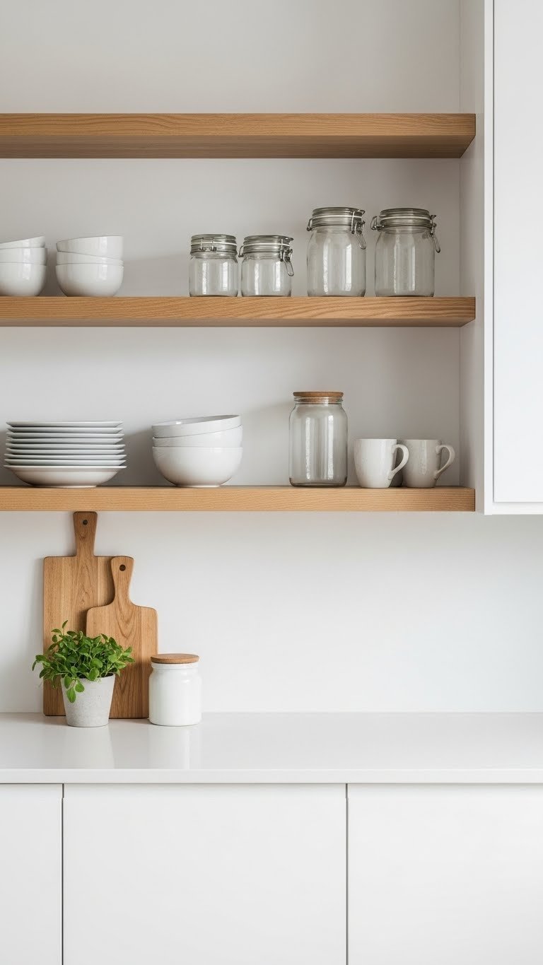 Minimalist Scandinavian kitchen with open wooden shelving showcasing white ceramic dishes and glass jars against handleless white cabinetry
