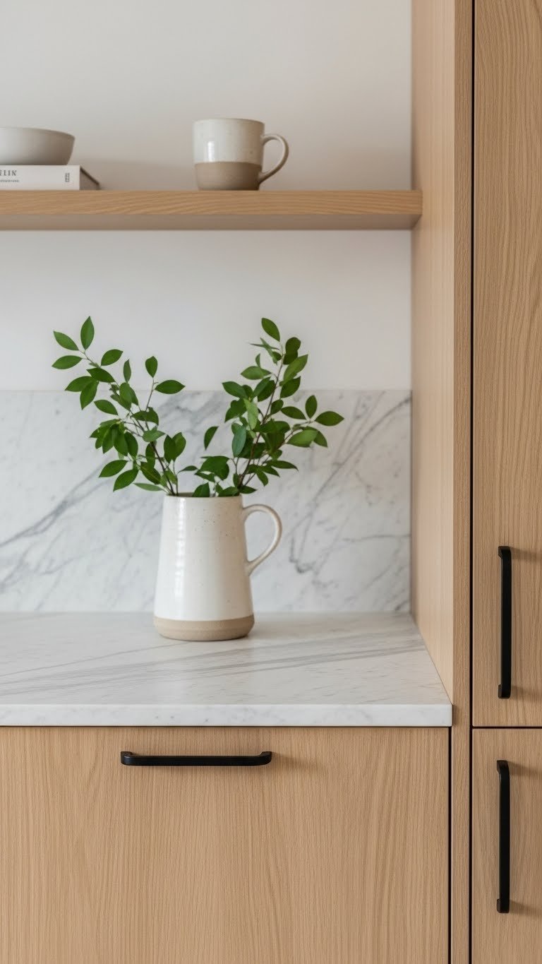 Minimalist Scandinavian kitchen with polished white marble countertop meeting light oak cabinetry featuring integrated handle design