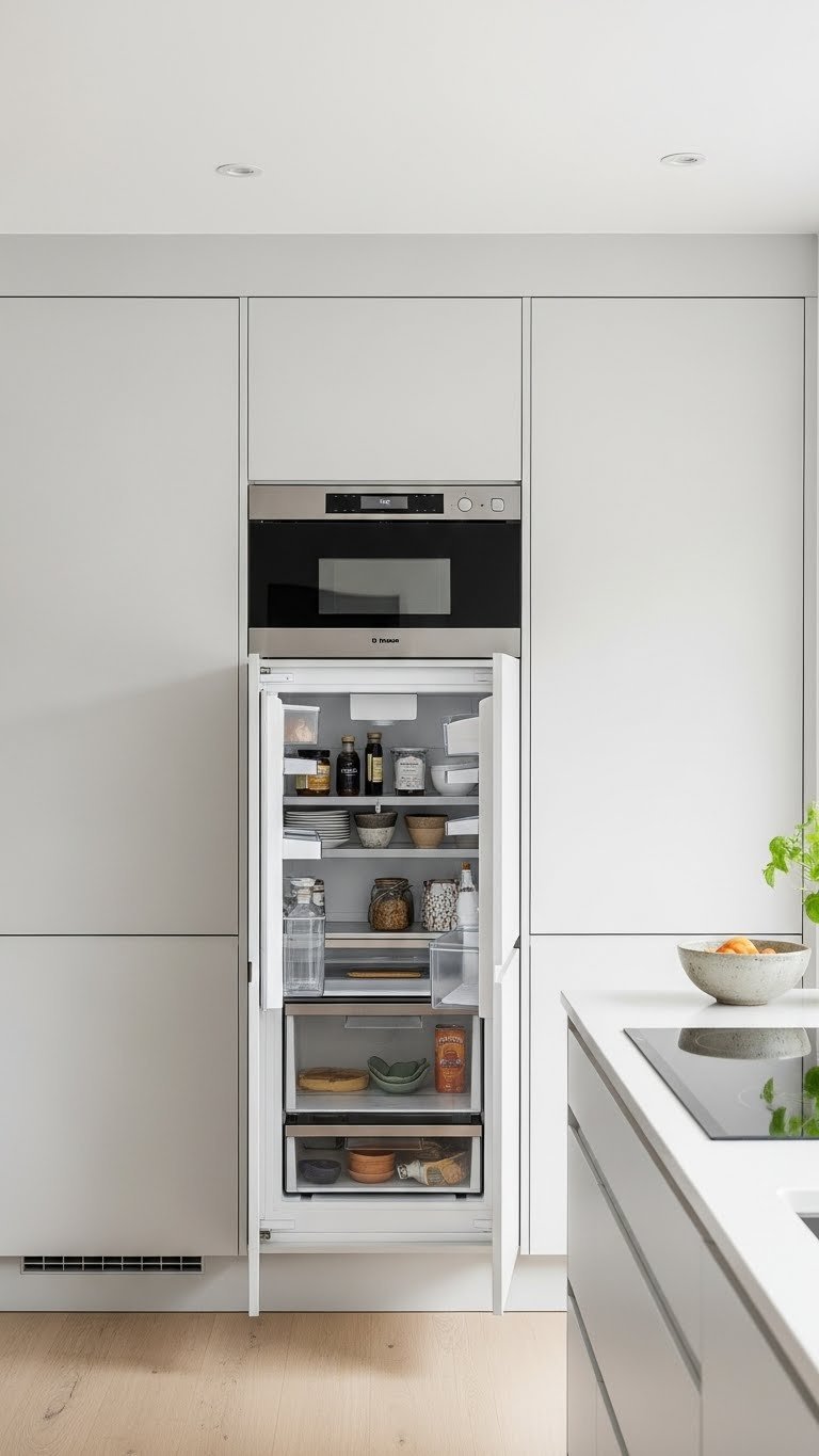 Minimalist Scandinavian kitchen with seamlessly integrated appliances hidden behind handleless white cabinetry